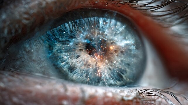 "Close-up of a human eye reflecting a galaxy imploding into new life, symbol of visionary transformation, hyper-abstract and luminous, spark of change within, 