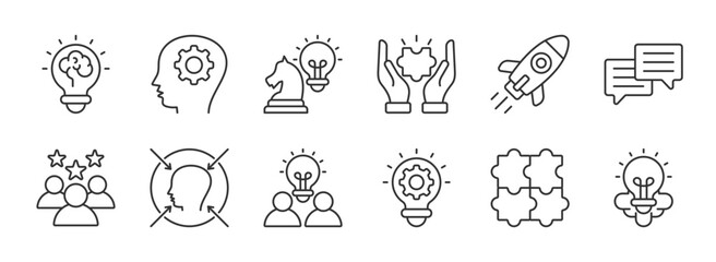 Creative Thinking Vector Icon Set collection. Idea, brainstorm, innovation, strategy, teamwork, creativity, puzzle, chess, rocket, alarm, brain, network, conversation, light bulb icons. EPS 10