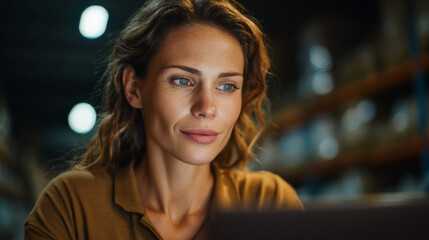 Thoughtful Professional at Work: A focused woman, likely a warehouse manager or supervisor, intently uses a laptop amidst a blurred warehouse backdrop. Capturing the essence of diligent work.