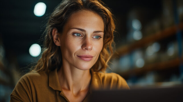 Thoughtful Professional at Work: A focused woman, likely a warehouse manager or supervisor, intently uses a laptop amidst a blurred warehouse backdrop. Capturing the essence of diligent work.