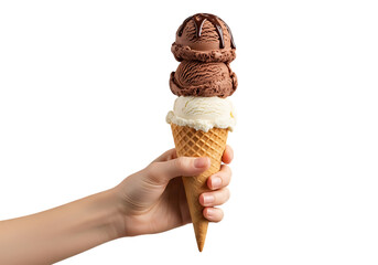 Hand holding a stacked chocolate and vanilla ice cream cone isolated on transparent background
