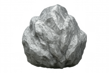 Photorealistic 3d rendering showcasing textured grey rock with detailed surface, isolated against transparent background for seamless digital compositing