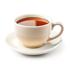 A light beige teacup filled with amber-colored tea, resting on a matching saucer, against a white background