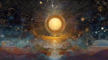 "The Self archetype symbolized as a radiant sphere floating above an abstract terrain of archetypal symbols, cosmic gradients, inner unity visualized through sacred geometry and Jungian abstraction 