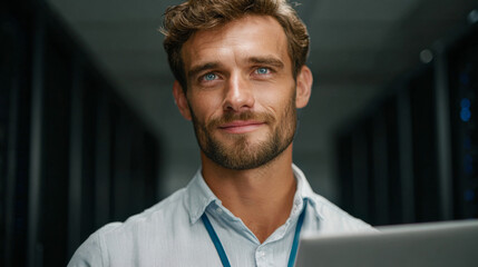 The Tech Architect at Work: A close-up shot of a tech architect smiling with a friendly expression. The tech architect holds a laptop and stands in the server room, full of advanced tech.