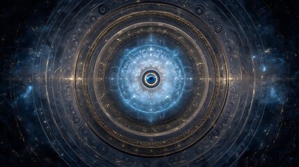 "An abstract eye symbol in the center of a glowing mandala, surrounded by concentric circles and swirling sacred geometry, representing the Watcher archetype, dreamlike, mystical and symbolic, 