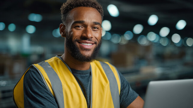 Warehouse Worker's Confident Gaze: A focused warehouse worker, wearing a yellow safety vest, smiles directly at the camera while managing logistics, embodying precision and efficiency.