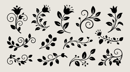 Hand-Drawn Floral Swirls and Leaf Ornaments Vector Set