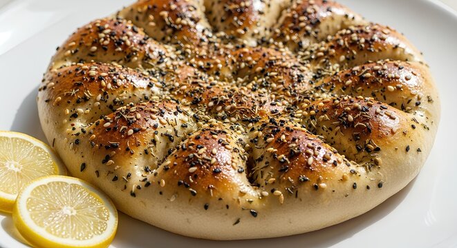 Taftan bread with spices and ghee, served on a white plate with lemon slices