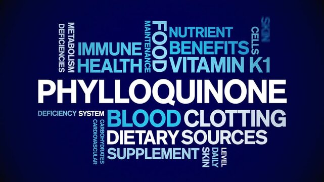 Phylloquinone Vitamin K1 animated word cloud-text design animation tag kinetic typography seamless loop.