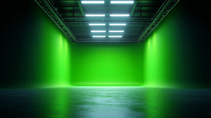 Fototapeta premium Green Screen Studio: A spacious studio with a vibrant green backdrop, ideal for filmmaking, broadcasting, or content creation, bathed in the cool glow of modern lighting.