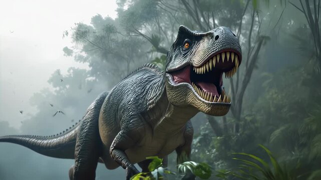 T rex strides through lush jungle, t rex shakes ferns as birds scatter, morning light flashes across jaws while t rex hunt echoes through ancient valley. concept adventure thrill