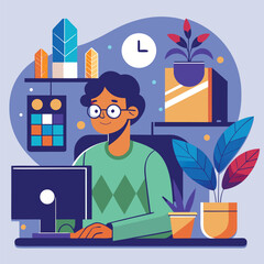 Abstract Workspace Icon &ndash; Person at Computer with Console and Plant, Outline Style