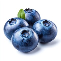 Obraz premium Four fresh blueberries, vibrant deep blue, arranged slightly overlapping, with a small green leaf on top