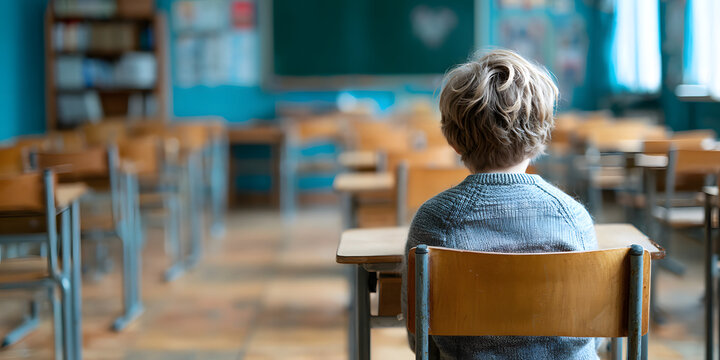 In a quiet empty classroom a young boy sits alone on a chair facing the front his sad expression revealing his feelings of isolation related to bullying in school
