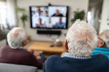 Group of seniors in group video call with physiotherapist demonstrating gentle rehabilitation exercises, participants follow from home, concept of group tele-physiotherapy and social engagement