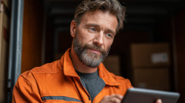 Warehouse worker with tablet: A focused warehouse worker reviews data on his tablet device, a portrait of precision and diligence amid his environment.