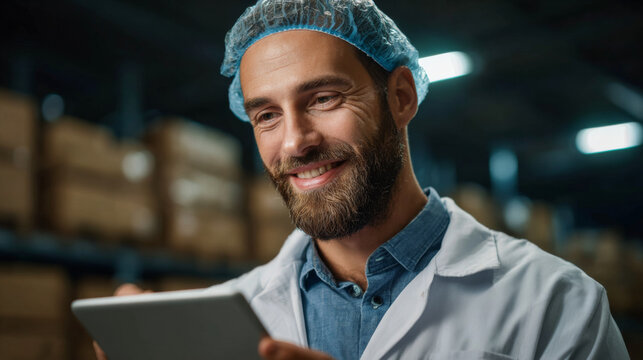 Warehouse Technician's Digital Tasks: A focused technician in a sanitary environment, diligently reviewing data on a tablet amidst a warehouse setting.