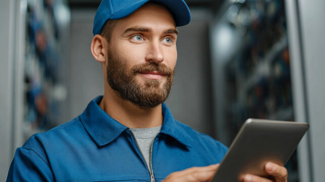 IT Technician: A focused IT technician in a high-tech server room, thoughtfully reviews data on a tablet, embodying expertise and concentration in the dynamic realm of technology.