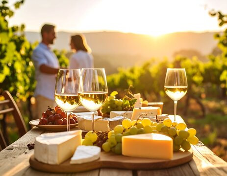 Wine, cheese, and grapes on a rustic wooden table, with a couple in the background - Powered by Adobe