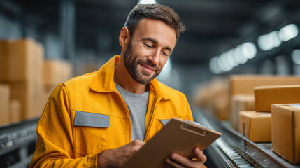 Obraz premium Warehouse Worker Reviewing Delivery: A focused warehouse worker meticulously reviews the delivery records, surrounded by the organized efficiency of a modern warehouse.