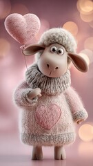 Fototapeta premium Charming sheep in oversized heart sweater on pink backdrop