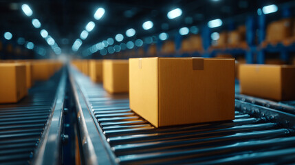Box Conveyor System: Close-up perspective showcases rows of cardboard boxes gliding along a high-tech conveyor belt within a sprawling warehouse.