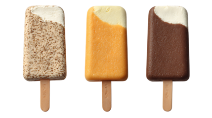 Three bitten ice cream bars with different coatings on white background.