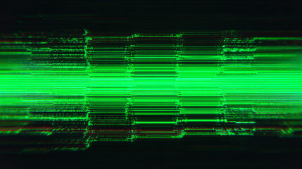 Digital Code Glitch: A dynamic abstract, presenting a vibrant digital glitch effect in a striking green hue, with lines and bars evoking the dynamic nature of technology and digital data streams. 