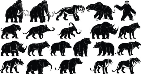 Prehistoric and modern animal silhouettes, mammoth saber‑toothed cat bear wolf rhino, megafauna art, vector illustration, wildlife icon, nature design, extinct species, ice age fauna
