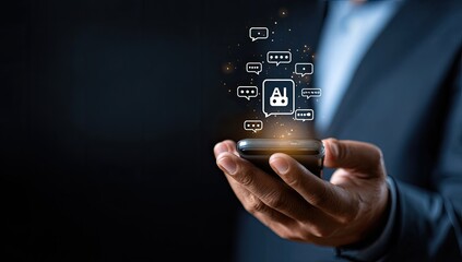 Businessperson holds phone, glowing chat icons appear