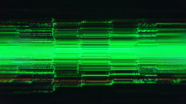 Digital Code Glitch: A dynamic abstract, presenting a vibrant digital glitch effect in a striking green hue, with lines and bars evoking the dynamic nature of technology and digital data streams.