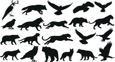 Wild animal silhouettes, wolf bear big cat fox bird of prey, owl icon, fantasy antlered bird, vector illustration, predator wildlife art