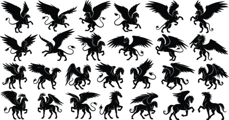 Winged horse and griffin silhouettes, mythical creatures, fantasy animal, magic beast, vector illustration, legend art, fairytale design, creature icon, heraldic symbol, equine figure