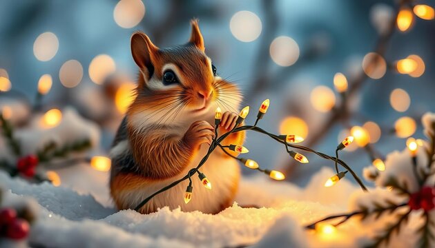 Adorable chipmunk adorned with tiny, glowing Christmas lights, whimsical winter scene,  bright,  art