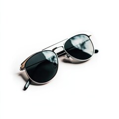 Sleek aviator sunglasses, metallic frame, dark lenses, angled on a white background