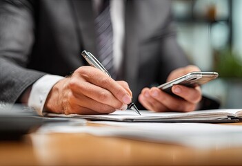 Close-up of businessperson writing in a notebook while holding a smartphone