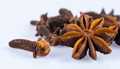Fototapeta premium Macro close up of clove and star anise spice detail with copy space background, suitable for culinary themes, holiday cooking projects, seasonal flavor concepts, natural ingredient visuals, and food