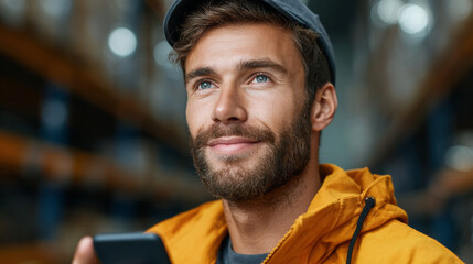 Fototapeta premium Warehouse Worker’s Contemplation: A focused warehouse employee gazes upward with a thoughtful expression, holding a phone in his hand, in a scene of storage and efficiency. 