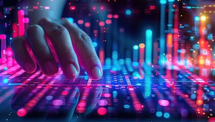 Hand interacting with a vibrant digital interface, filled with colorful data streams