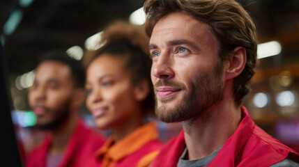Obraz premium Serene Workers: A diverse group of focused professionals stands in an industrial setting, captured in a candid moment, highlighting teamwork and concentration.