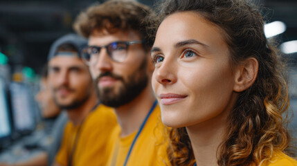 Fototapeta premium Focused Team: A close-up shot captures a dedicated team, gazing intently at a common point, reflecting focused intent and collaborative spirit, demonstrating the power of shared vision.