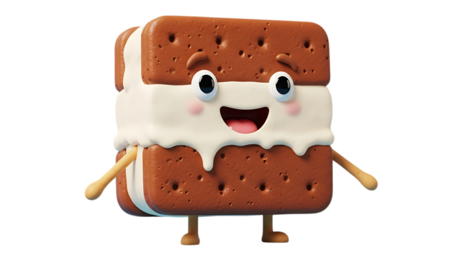 Happy ice cream sandwich cookie character with arms, isolated on transparent background