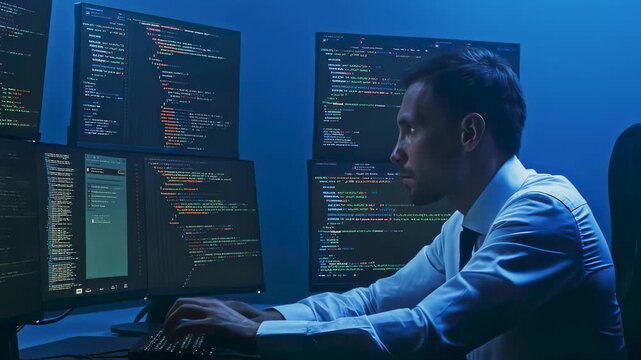 Man coding at four monitors, software developer fights bugs as the software developer boosts security and the software developer ships clean builds. concept cybersecurity