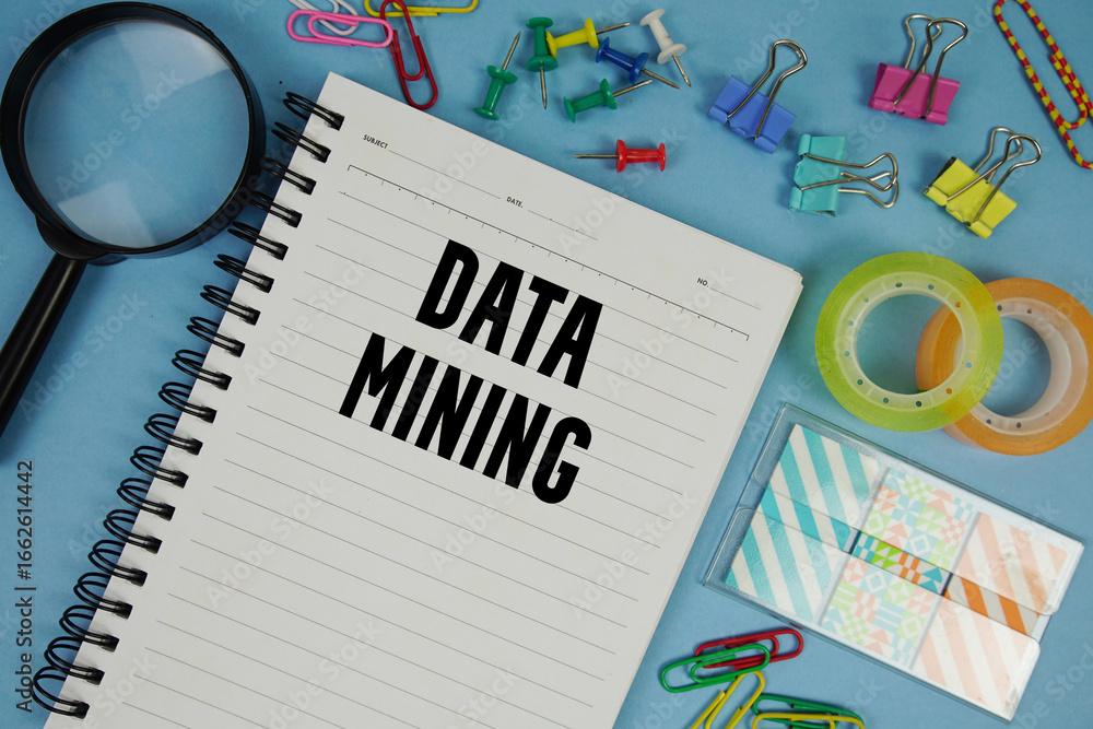 Poster data mining text with magnifying glass on blue background