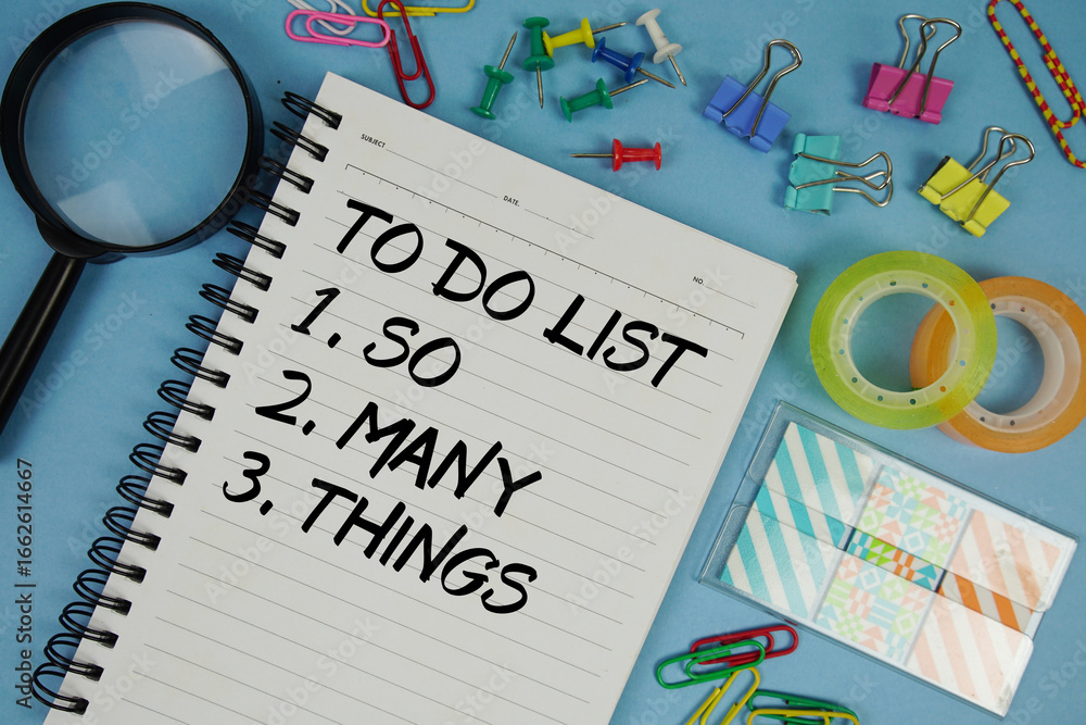 Poster so many things in to do list text with magnifying glass on blue background
