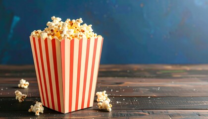 Buttered popcorn in striped box on wood