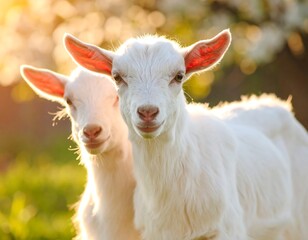 Obraz premium Two adorable baby goats in a sunlit spring meadow