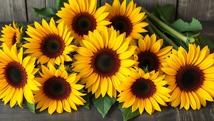 Fototapeta premium Close-up of vibrant sunflowers on a wooden surface, radiating warmth and rustic charm.
