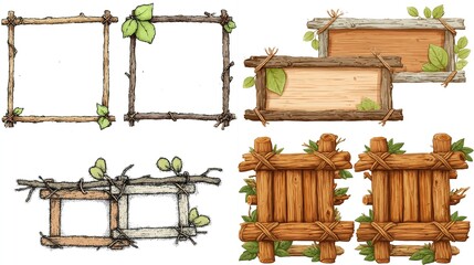 Naklejka premium Four sets of rustic wooden frames adorned with leaves and twigs, varying in style and wood tone, from simple square frames to more complex, layered designs; some are blank, others suggest signage